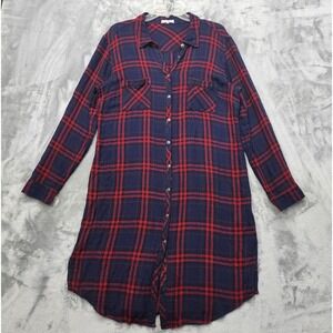 Maurices Top Womens XL Red Blue Plaid Rayon Flannel Duster Tunic Button Down